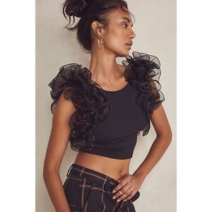 Free People Intimately House Party Crop Top Ruffle Sleeve Size Small Black NEW